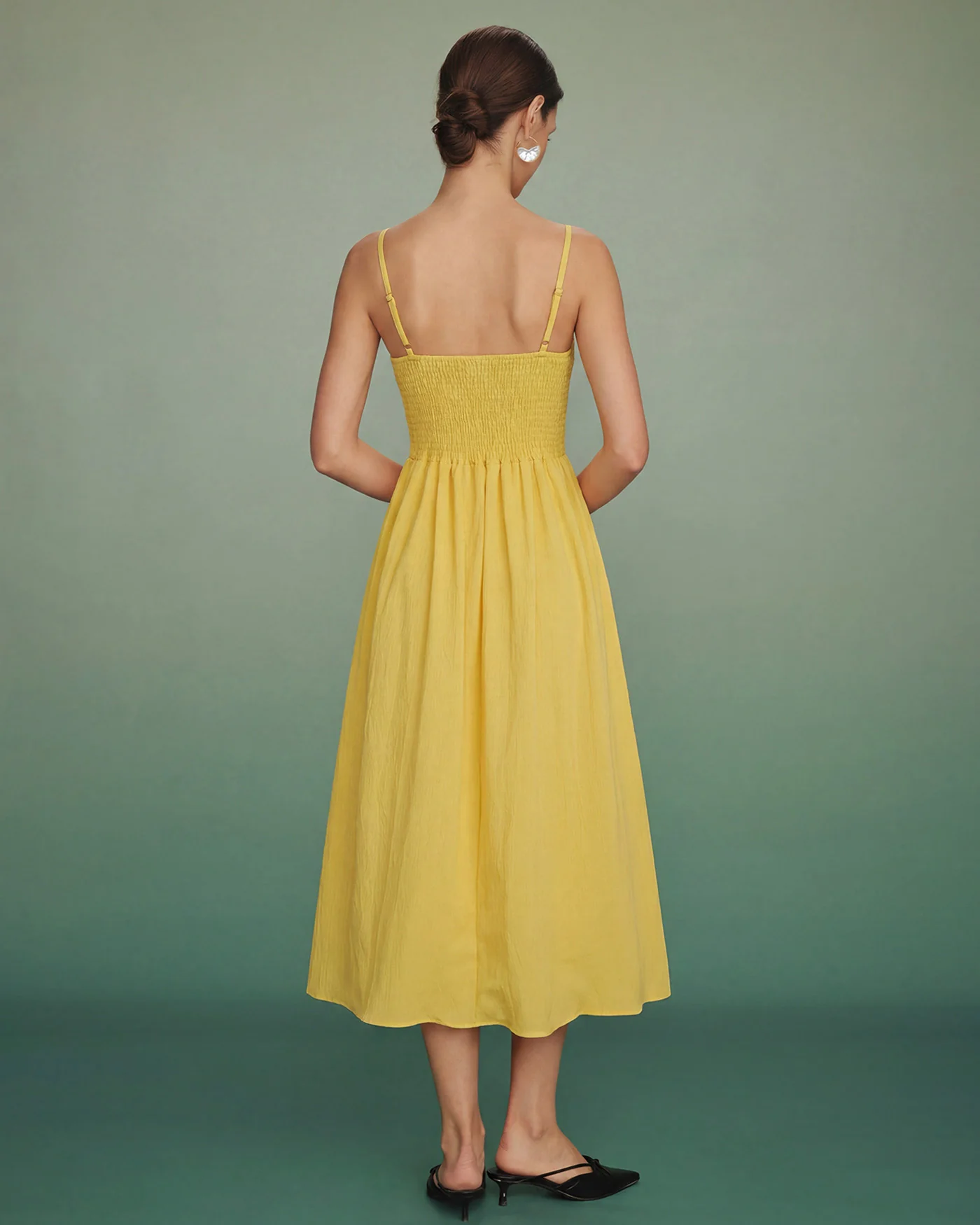Yellow Shirred Slip A-Line Midi Dress - Image 4