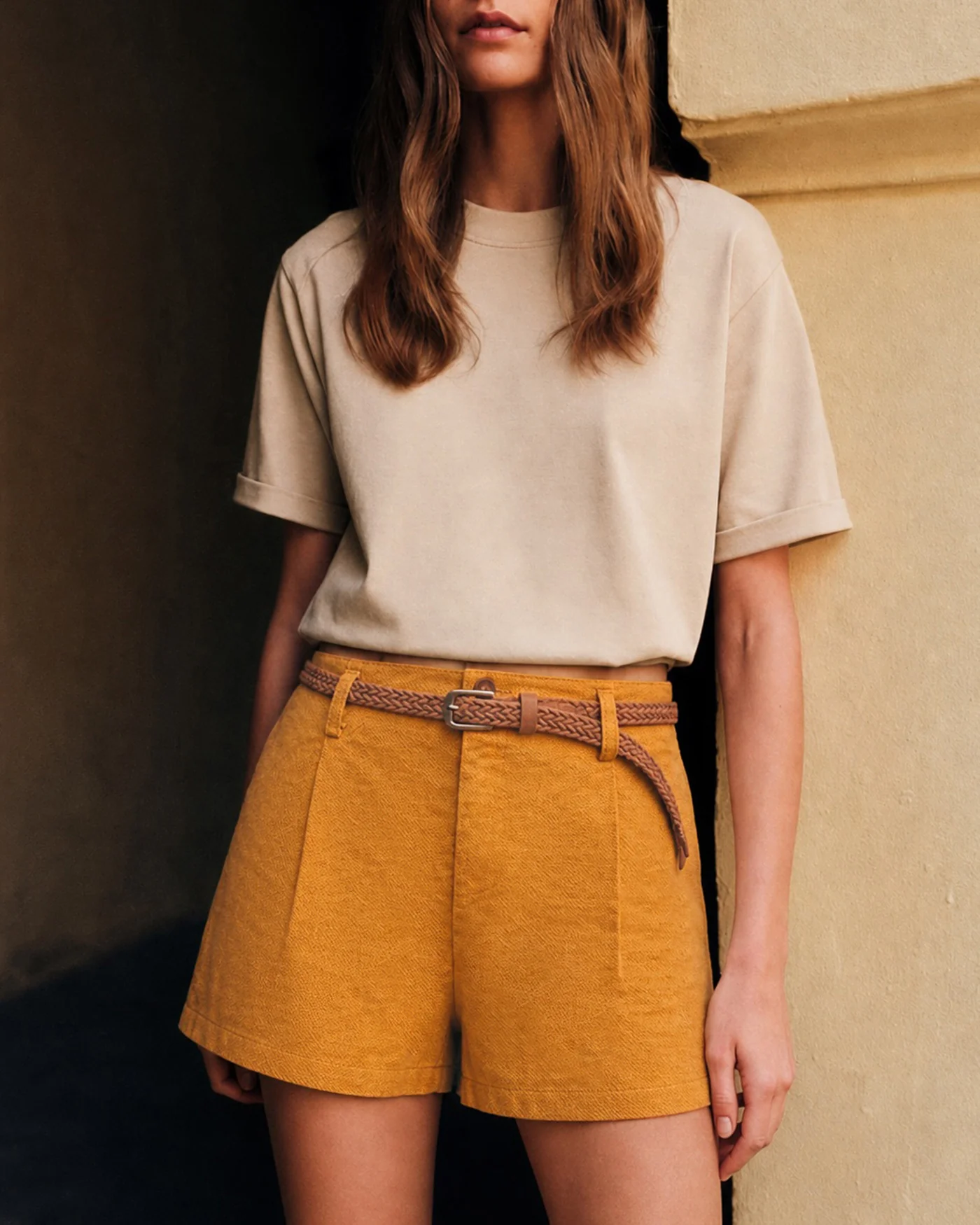 Yellow Solid Belt Pockets Shorts