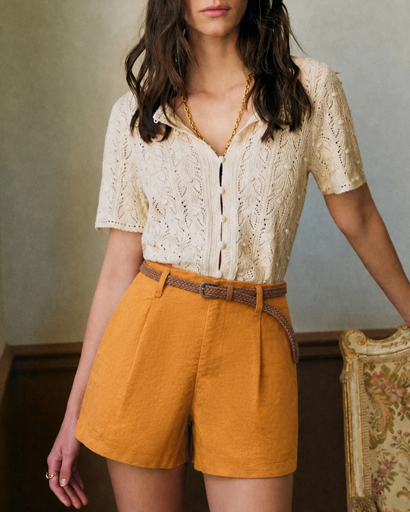 Yellow Solid Belt Pockets Shorts - Image 2