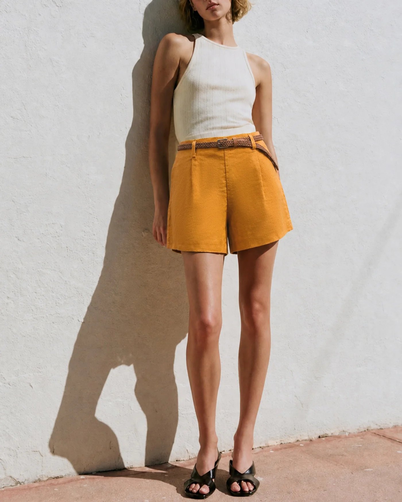 Yellow Solid Belt Pockets Shorts - Image 3