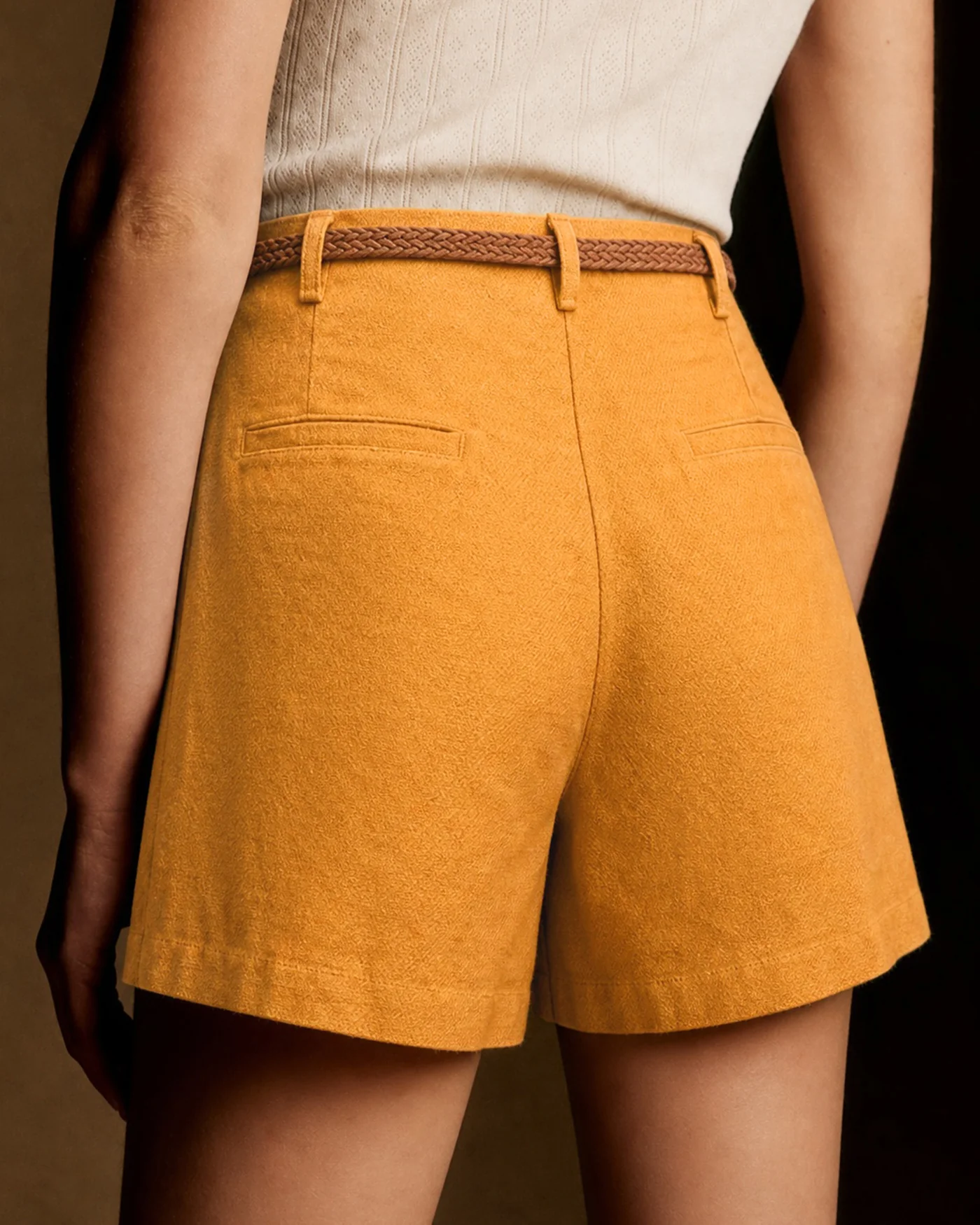 Yellow Solid Belt Pockets Shorts - Image 4