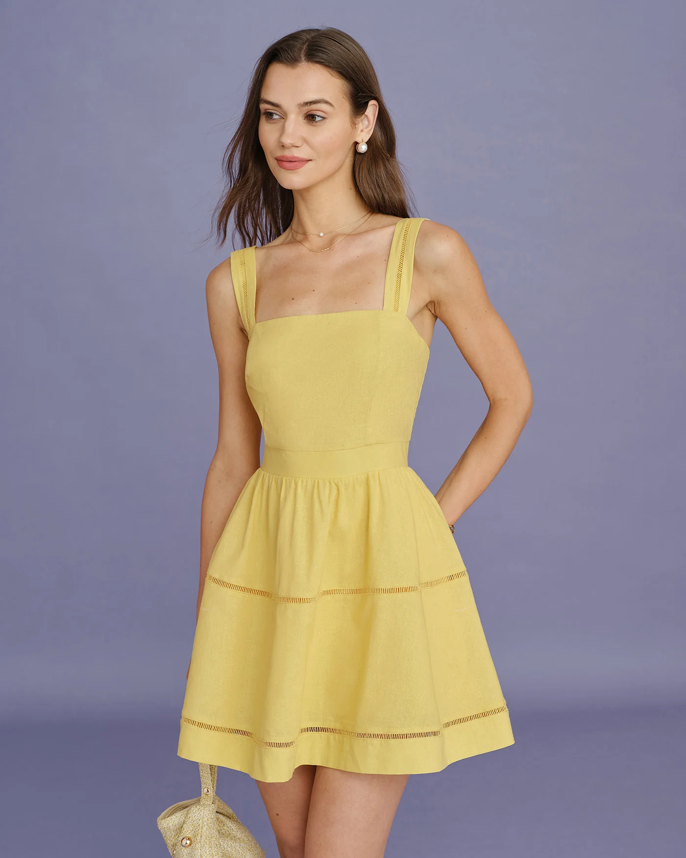 Yellow Square Neck Shirred Mini Dress