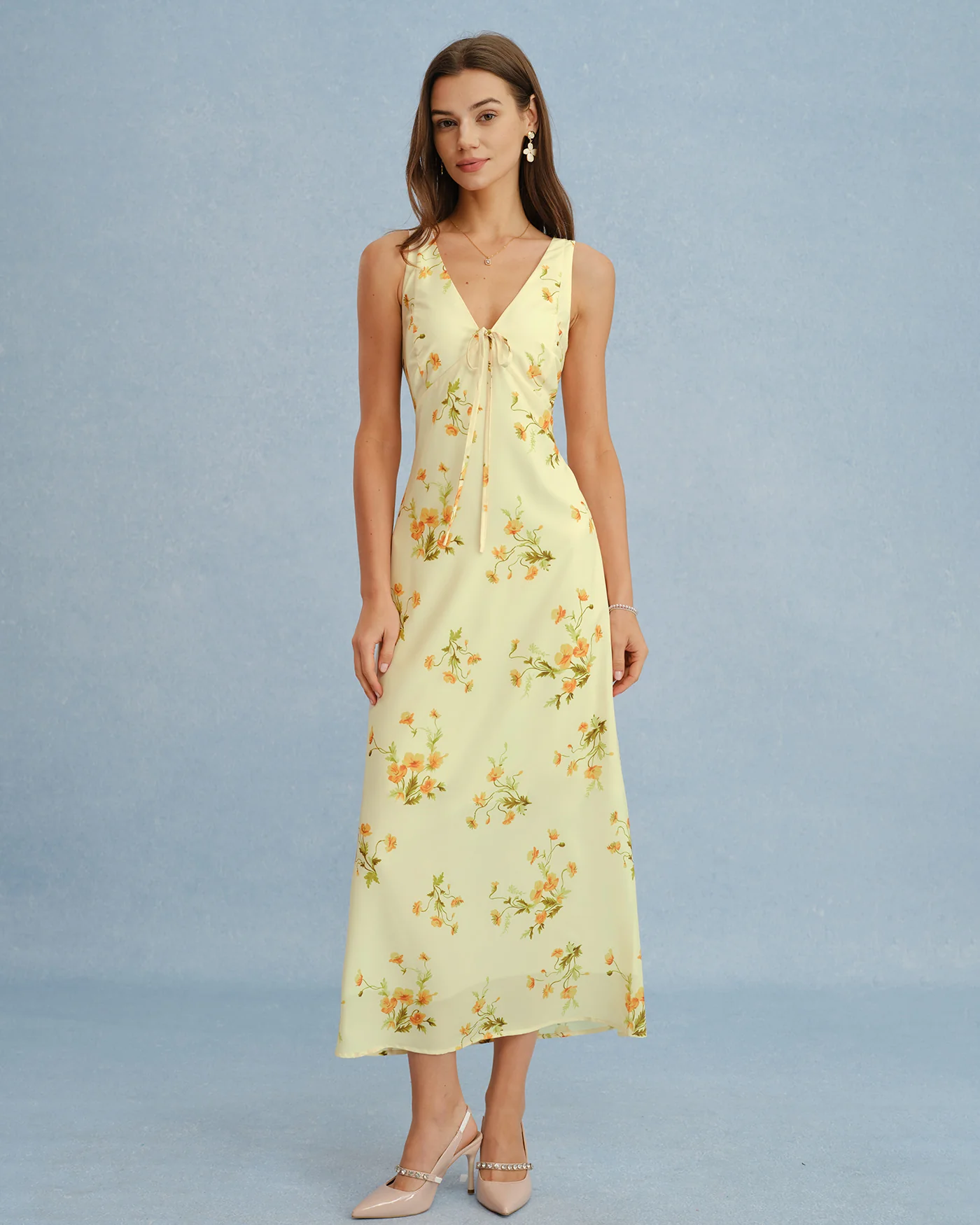 Yellow V Neck Floral Chiffon Maxi Dress - Image 3