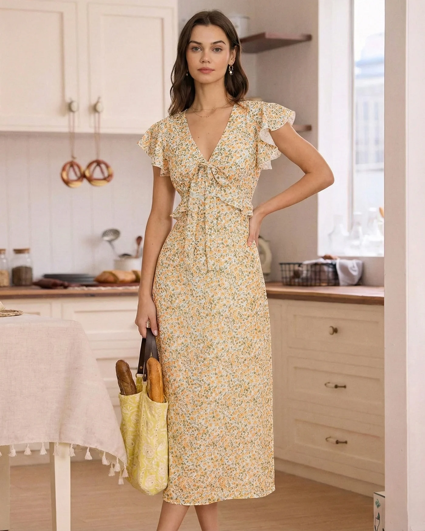 Yellow V Neck Floral Ruffle Midi Dress