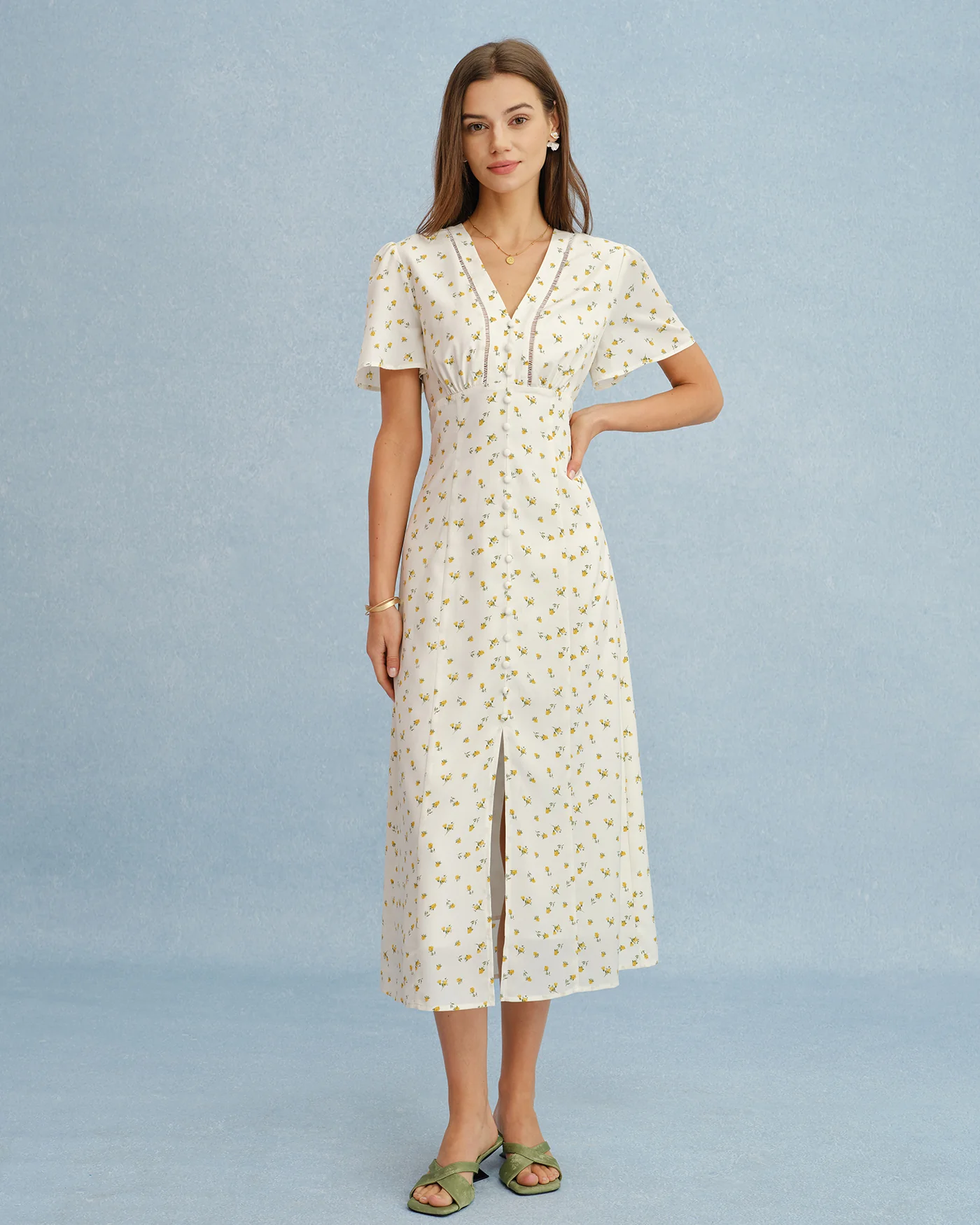 Yellow V Neck Floral Slit Midi Dress - Image 3
