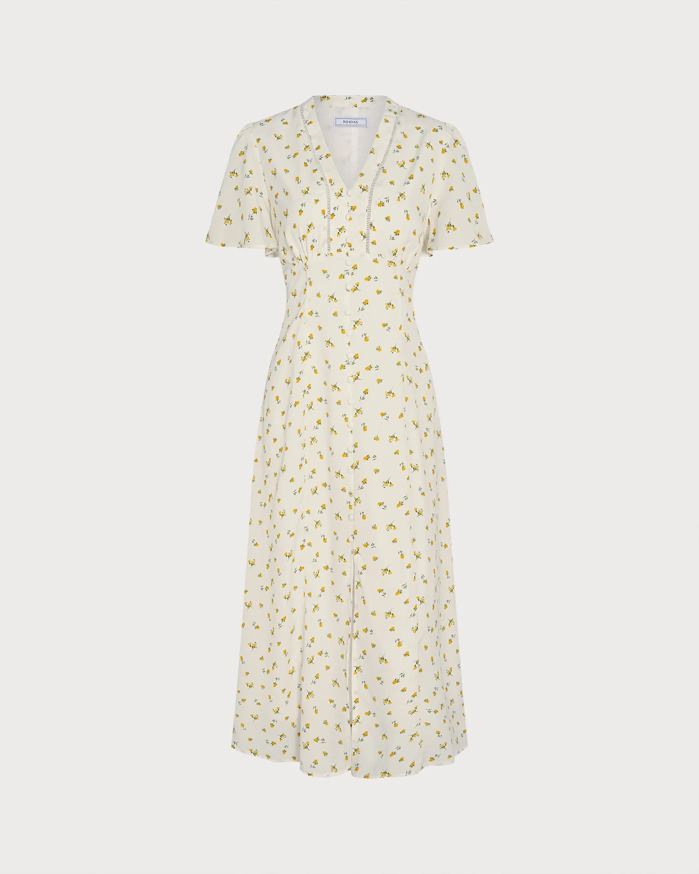 Yellow V Neck Floral Slit Midi Dress - Image 5