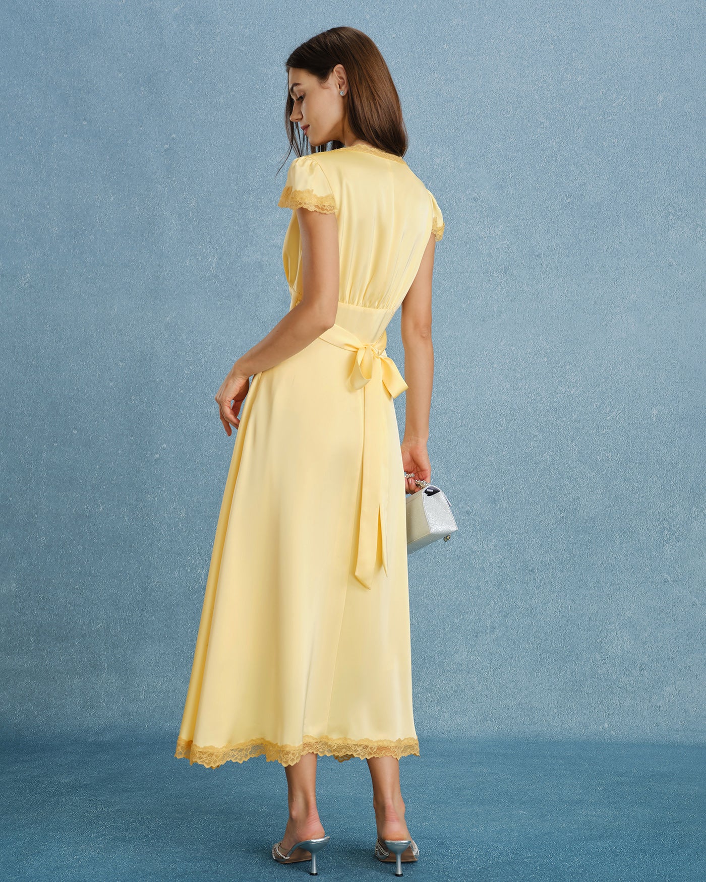 Yellow V Neck Lace Splicing Maxi Dress - Image 7