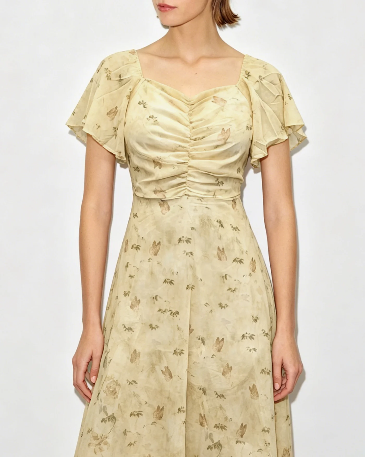Yellow V Neck Ruched Floral Maxi Dress - Image 2