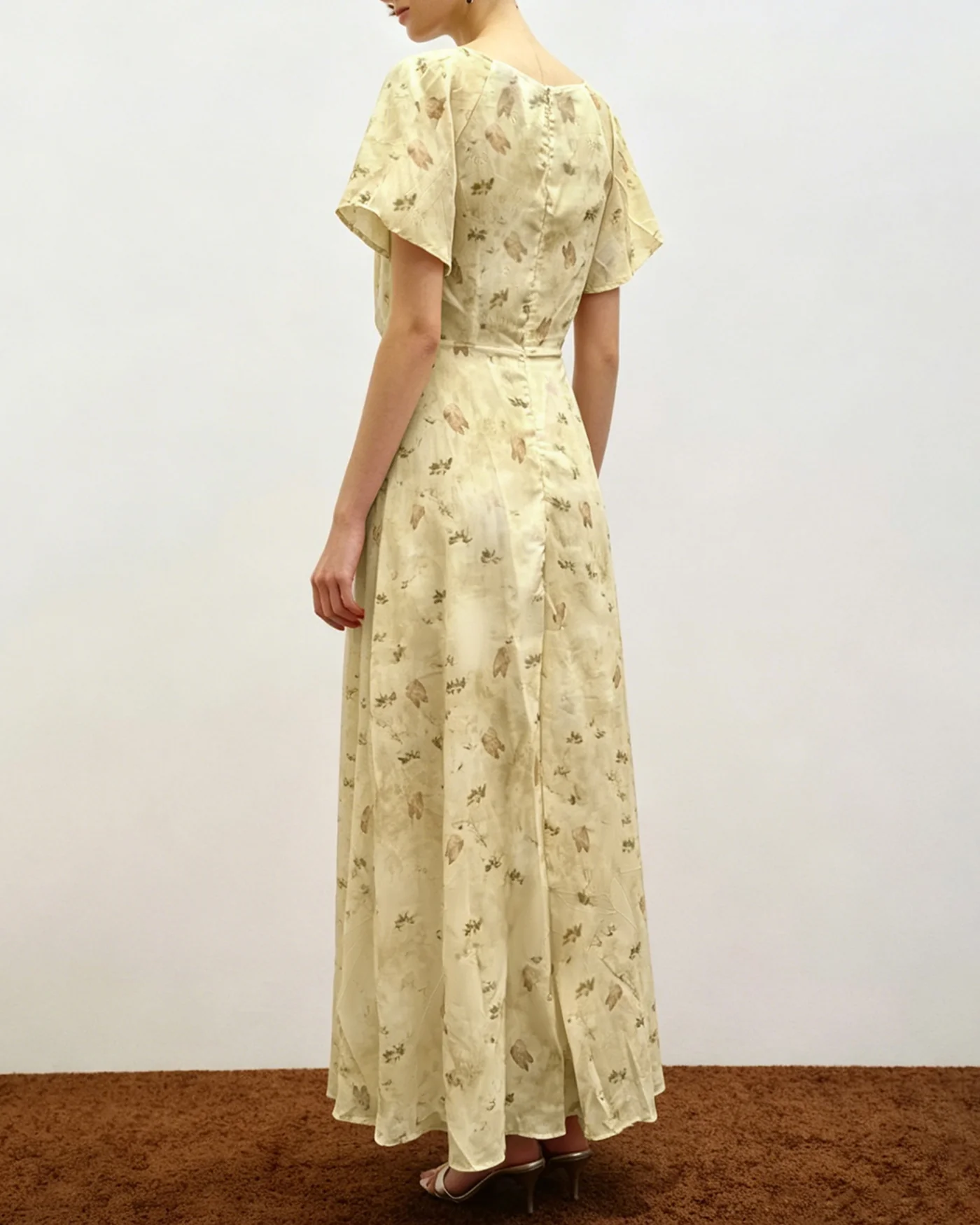 Yellow V Neck Ruched Floral Maxi Dress - Image 3