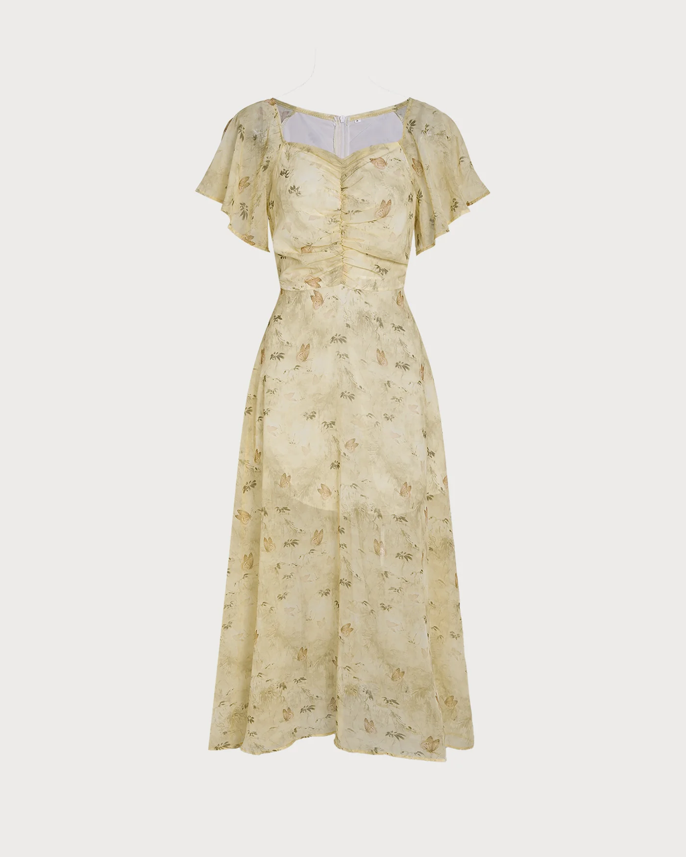 Yellow V Neck Ruched Floral Maxi Dress - Image 4